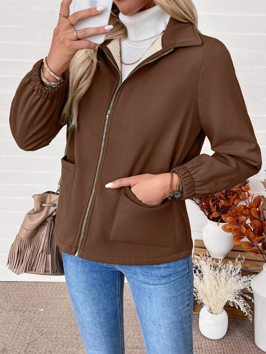 Women's Fleece-Lined Zip Jacket - Brown, side view