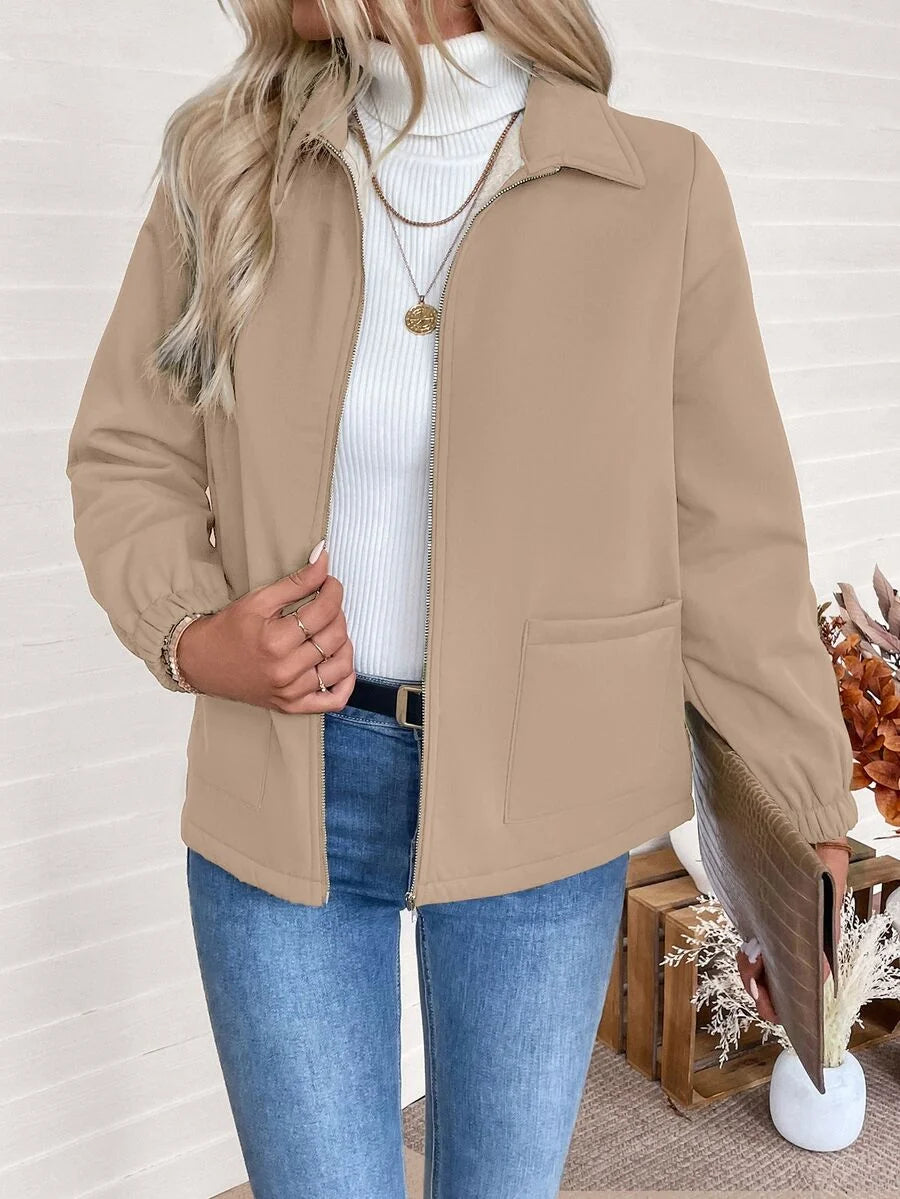 Women's Fleece-Lined Zip Jacket - Khaki, front view