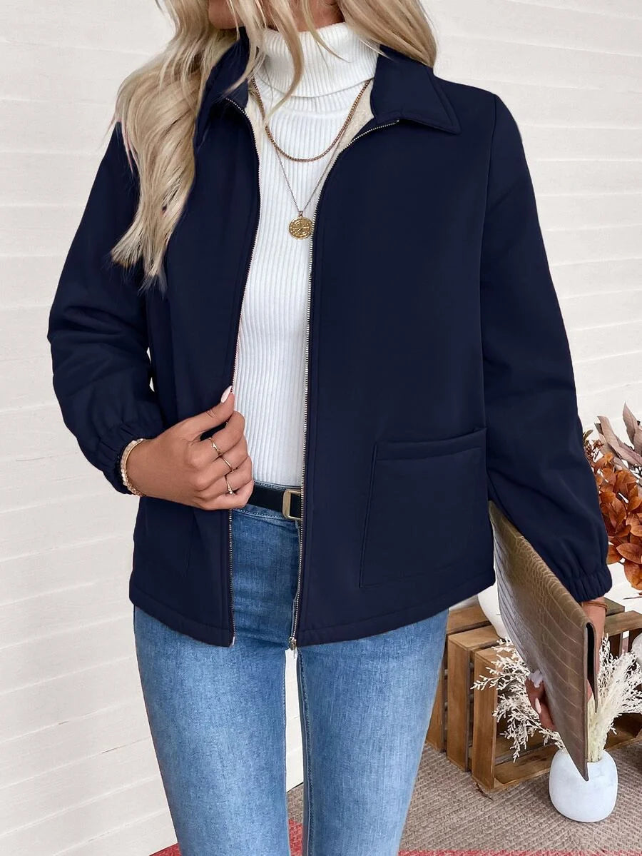 Women's Fleece-Lined Zip Jacket - Navy Blue, front view