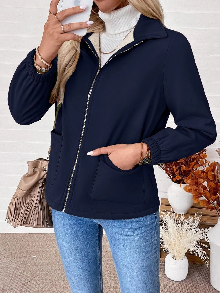 Women's Fleece-Lined Zip Jacket - Navy Blue, side view