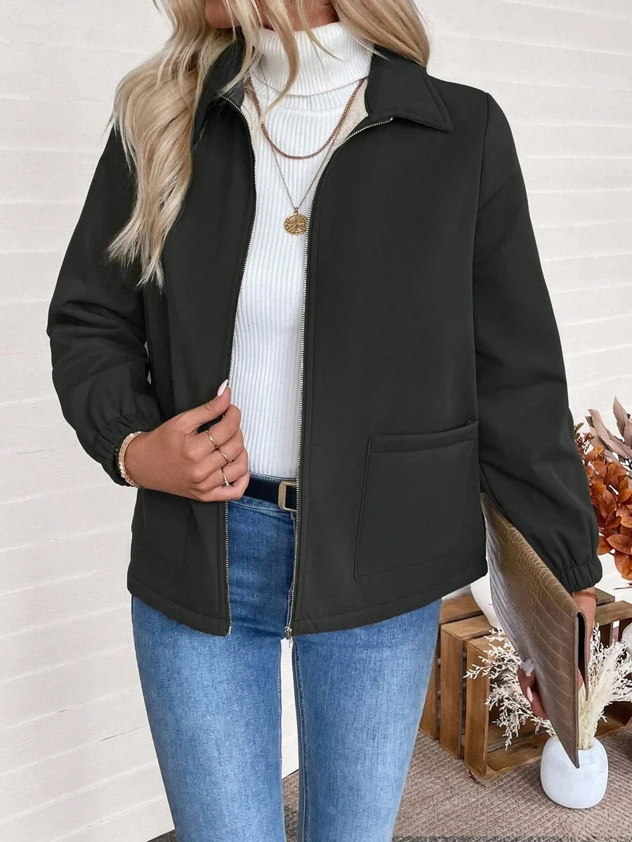 Women's Fleece-Lined Zip Jacket - Black, front view