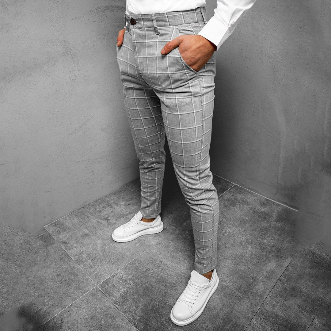 Men's Windowpane Check Tapered Trousers with Button Closure - Grey with white check