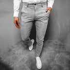 Men's Windowpane Check Tapered Trousers with Button Closure - Grey, waistband detail