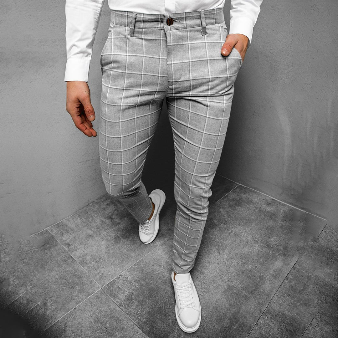 Men's Windowpane Check Tapered Trousers with Button Closure - Grey, waistband detail