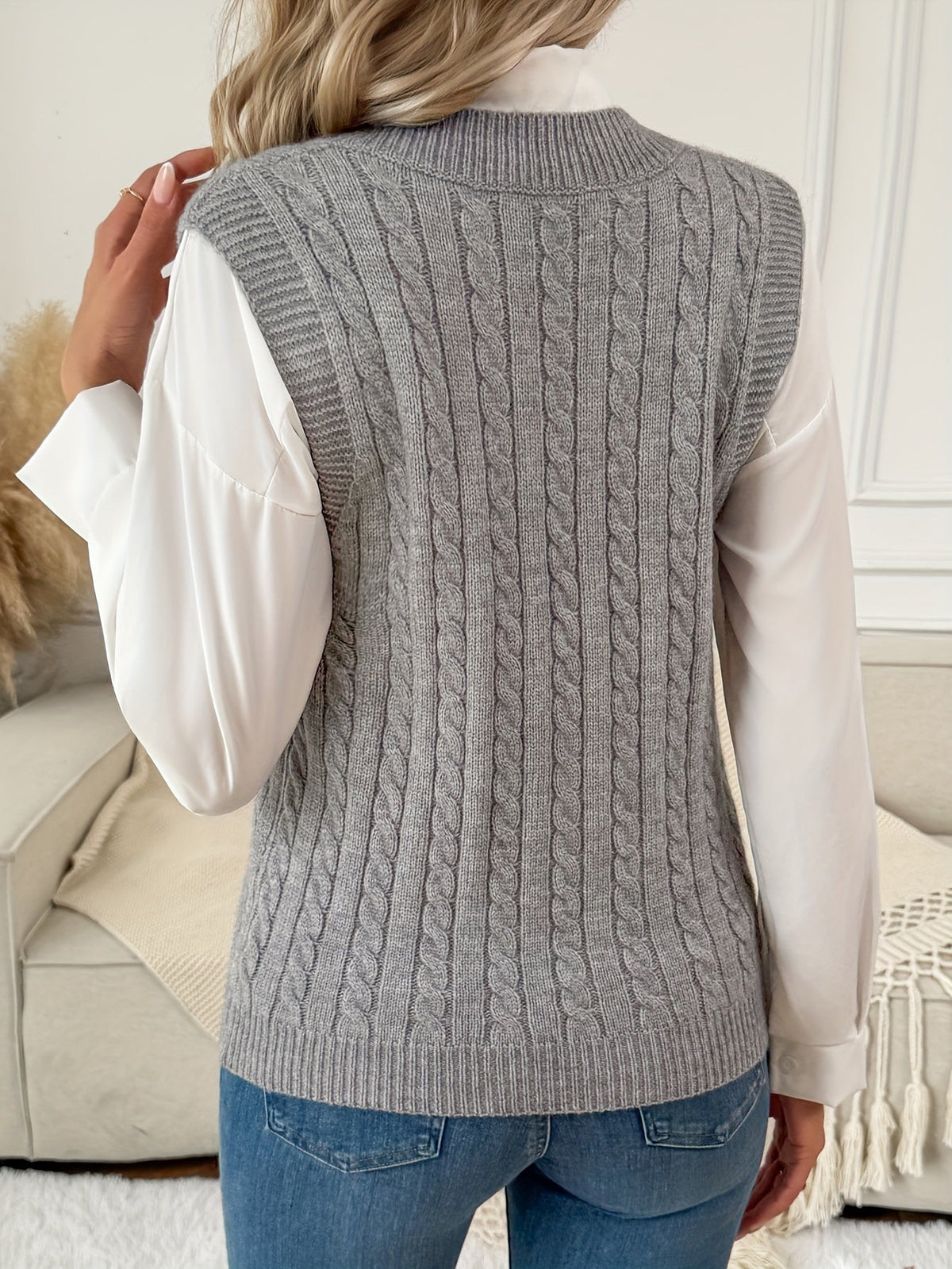 Women's Cable Knit Sweater Vest - Grey, detail view