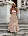 Women's Tiered Tulle Maxi Skirt - Elasticated High Waist - Beige