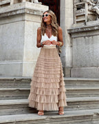 Women's Tiered Tulle Maxi Skirt - Elasticated High Waist - Beige