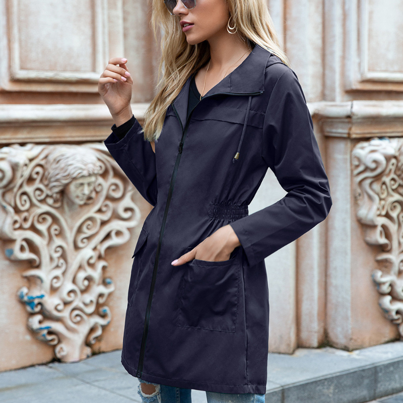Women's Hooded Rain Jacket - Navy Blue, front view