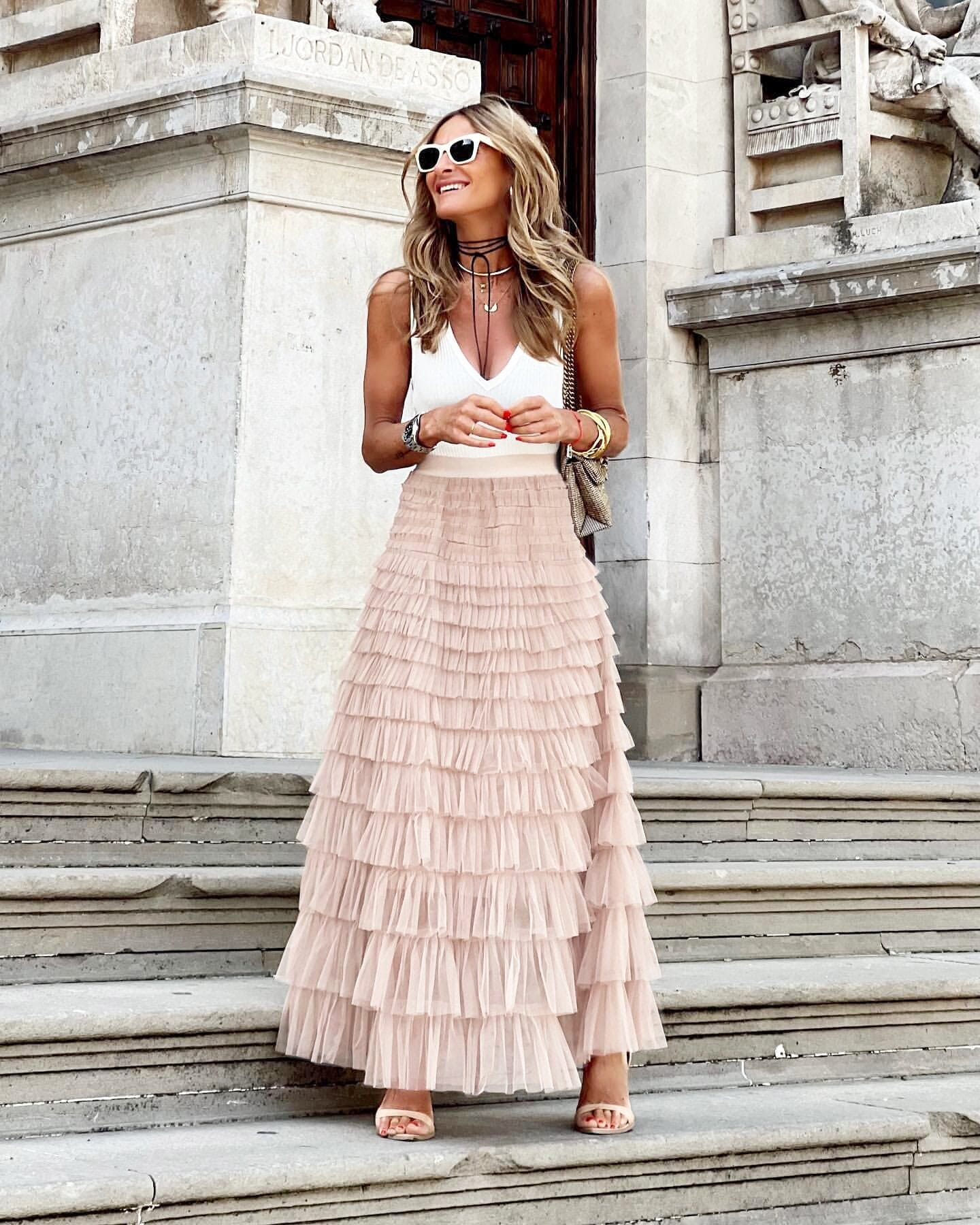 Women's Tiered Tulle Maxi Skirt - Elasticated High Waist - Pink