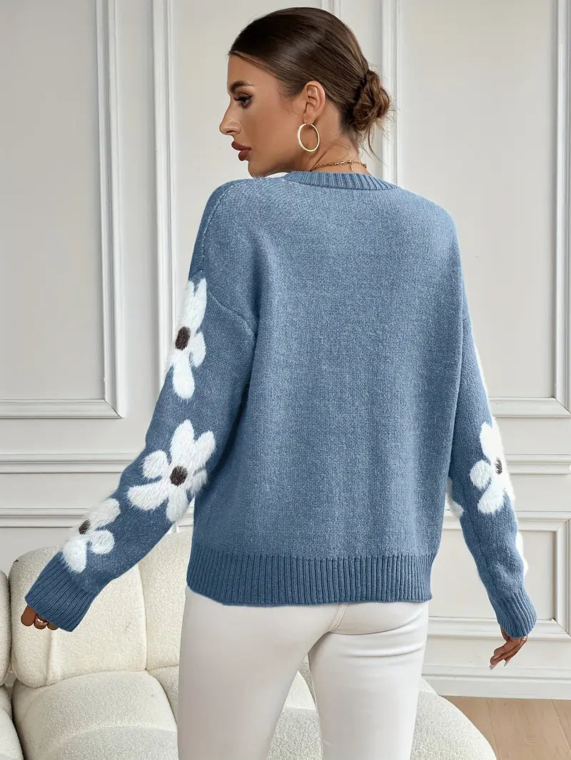 Women's Floral Sleeve Knit Jumper - Blue, detail view