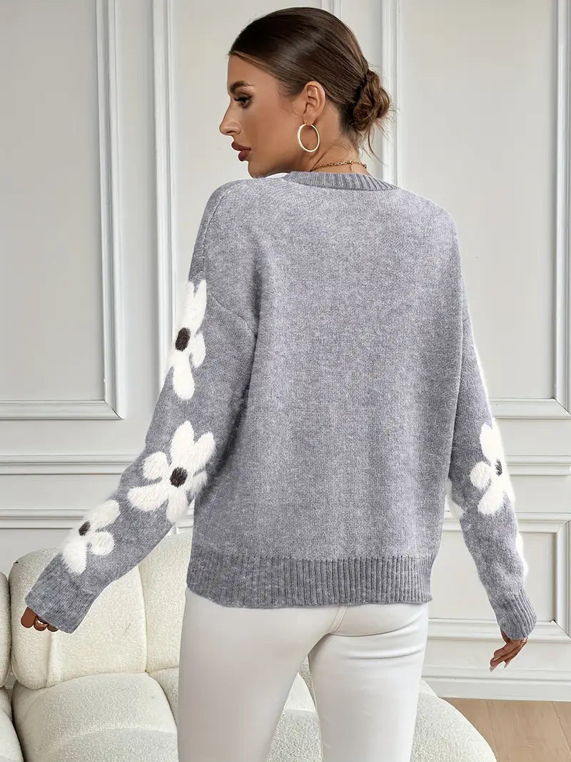 Women's Floral Sleeve Knit Jumper - Grey, front view