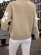 Women's Floral Sleeve Knit Jumper - Khaki, detail view