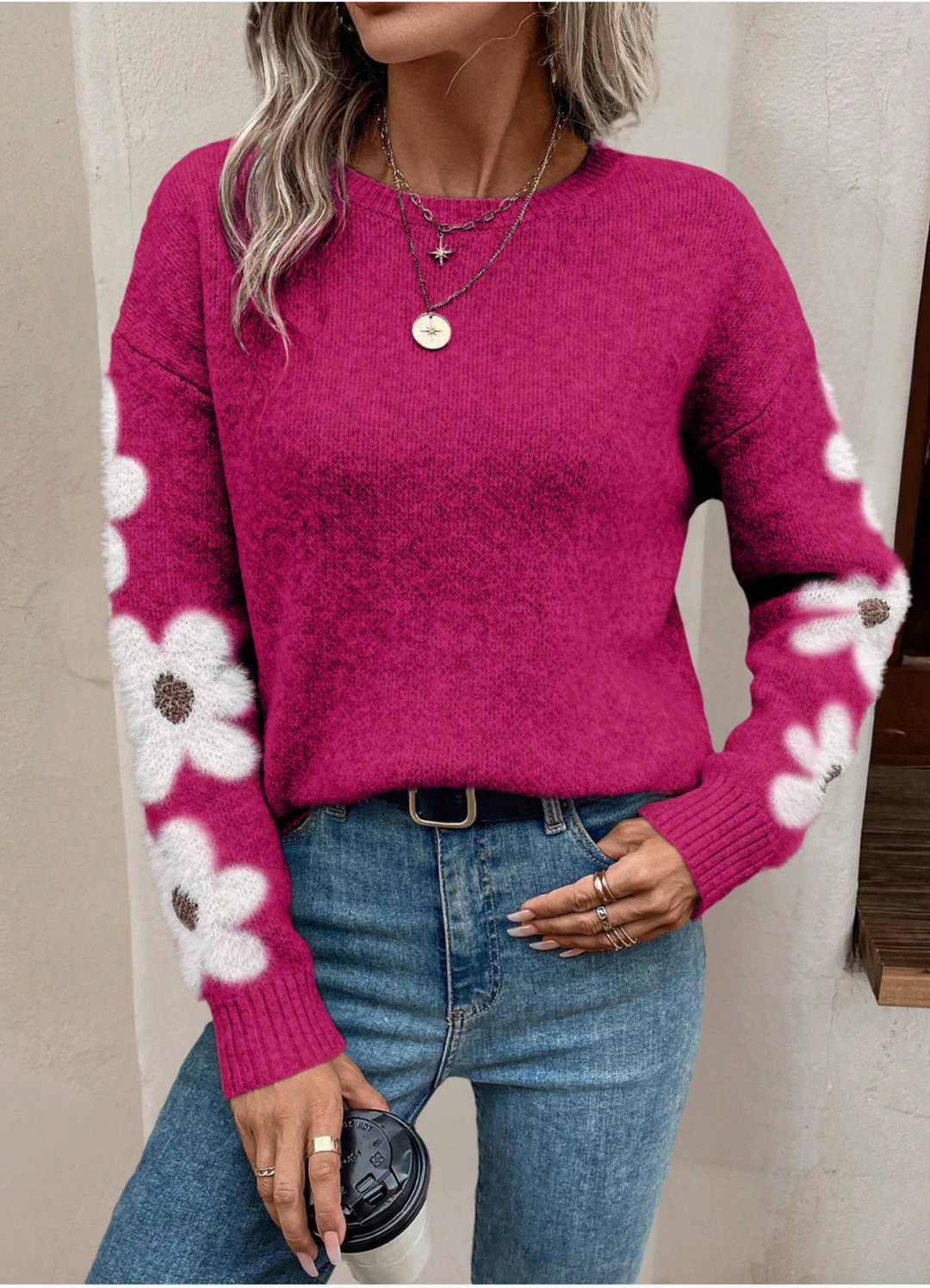 Women's Floral Sleeve Knit Jumper - Pink, front view