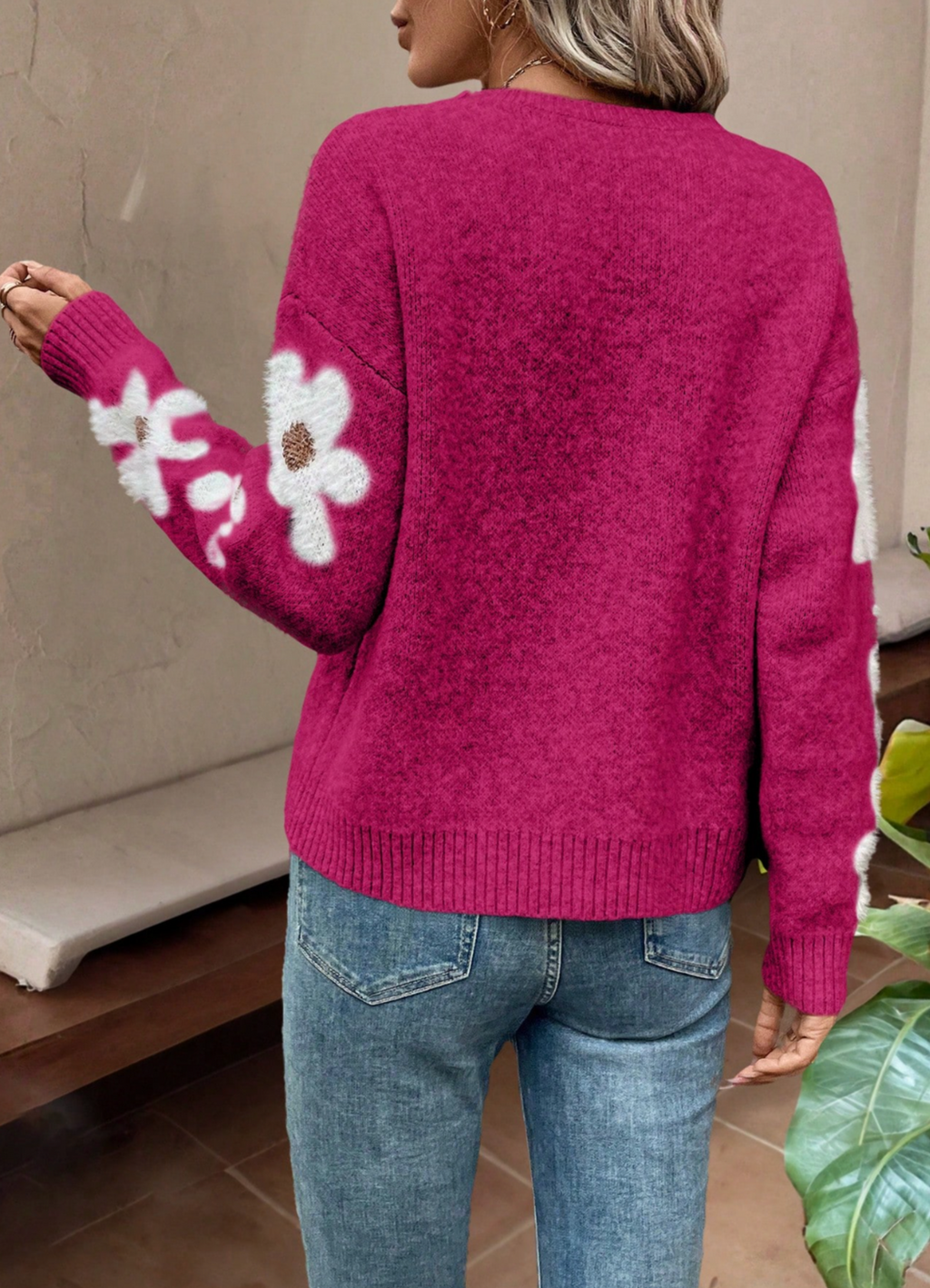 Women's Floral Sleeve Knit Jumper - Pink, detail view