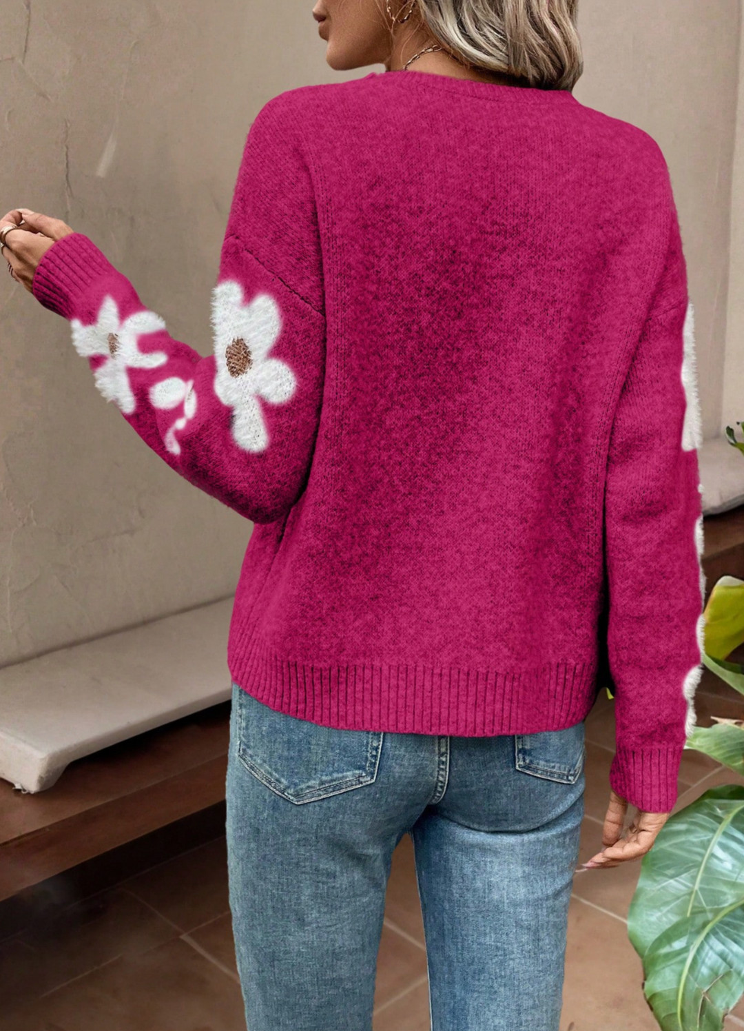 Women's Floral Sleeve Knit Jumper - Pink, detail view
