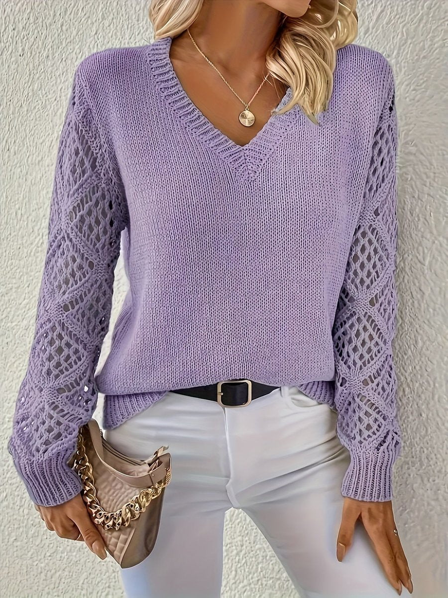 Women's V-Neck Ribbed Jumper - Purple, front view
