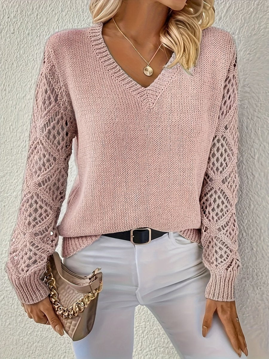 Women's V-Neck Ribbed Jumper - Pink, front view