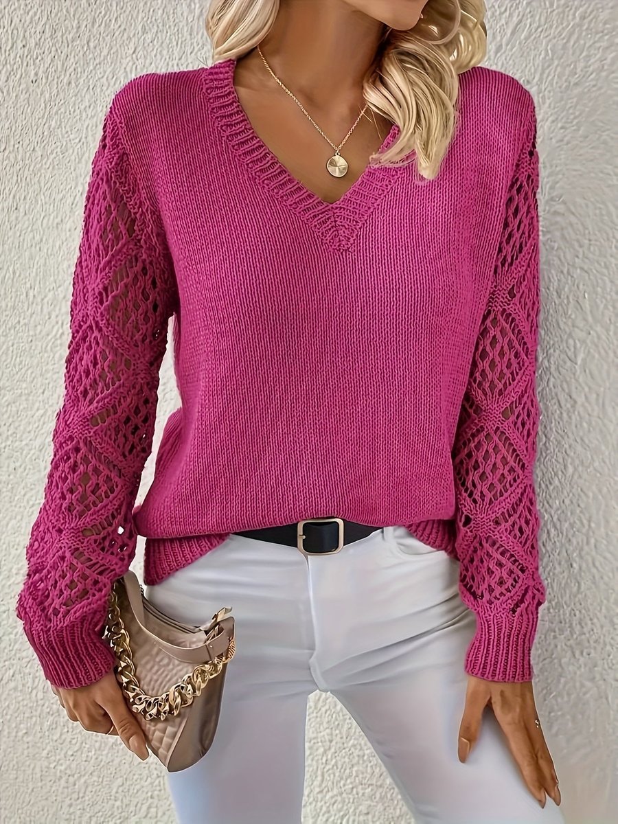 Women's V-Neck Ribbed Jumper - Dark Pink, front view
