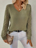 Women's V-Neck Ribbed Jumper - Green, front view