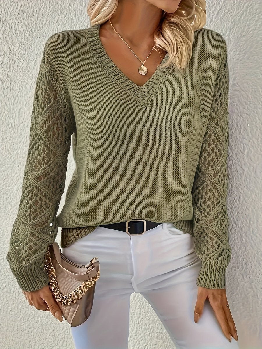 Women's V-Neck Ribbed Jumper - Green, front view