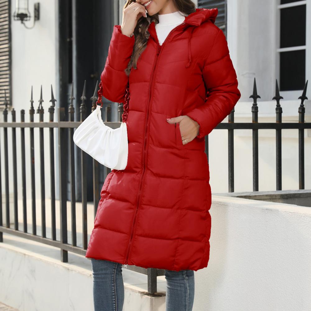 Women's Long Hooded Puffer Coat - Red, front view