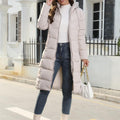 Women's Long Hooded Puffer Coat - Beige, front view