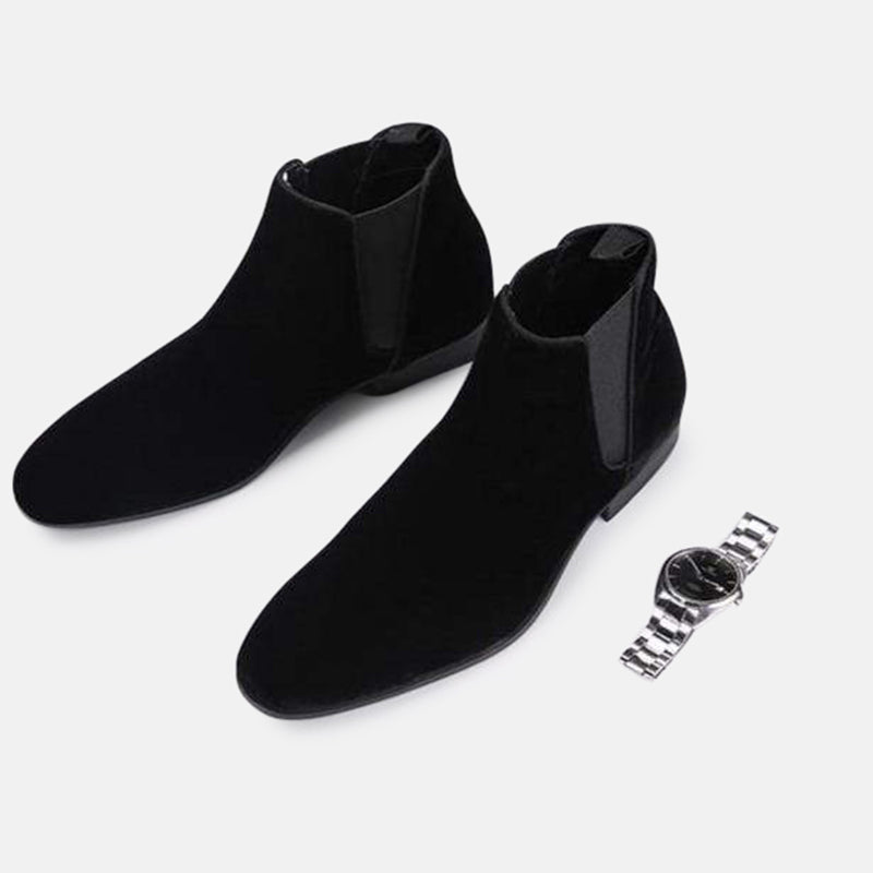 Men's Pull-On Chelsea Boots - Elastic Sides, Block Heel - Black pair, flat lay