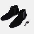 Men's Pull-On Chelsea Boots - Elastic Sides, Block Heel - Black pair, flat lay