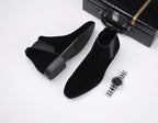 Men's Pull-On Chelsea Boots - Elastic Sides, Block Heel - Black pair, sole view