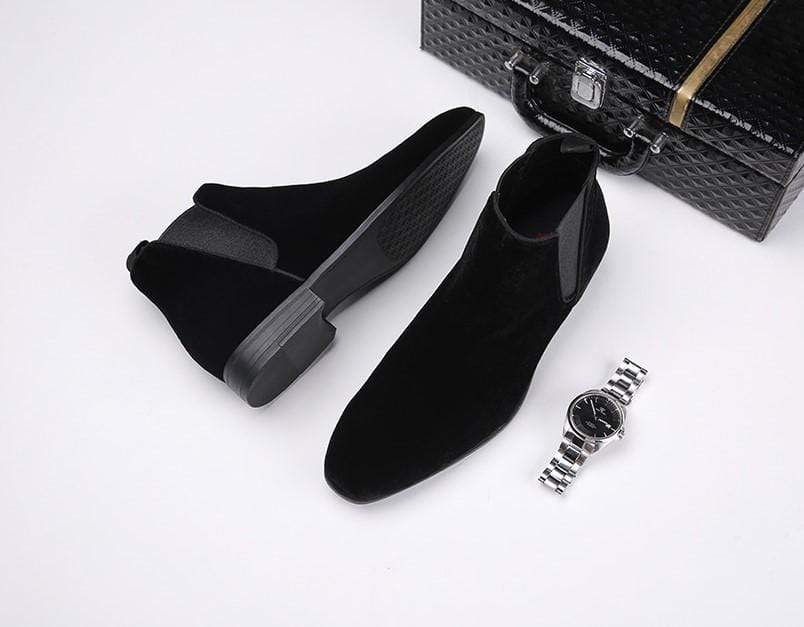 Men's Pull-On Chelsea Boots - Elastic Sides, Block Heel - Black pair, sole view