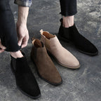 Men's Pull-On Chelsea Boots - Elastic Sides, Block Heel - Black, Brown and Beige