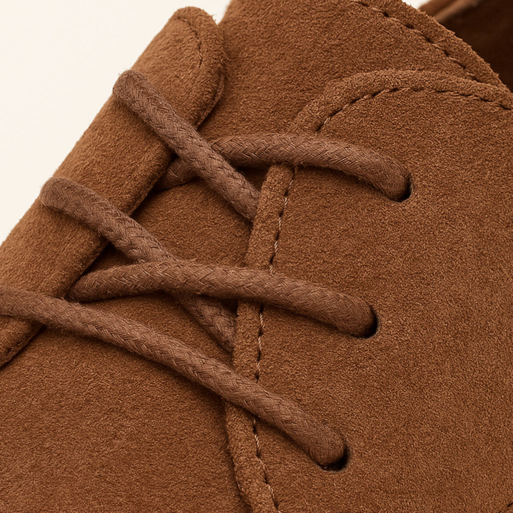 Men's Classic Lace-Up Derby Shoes - Plain Toe - Brown, lacing close-up
