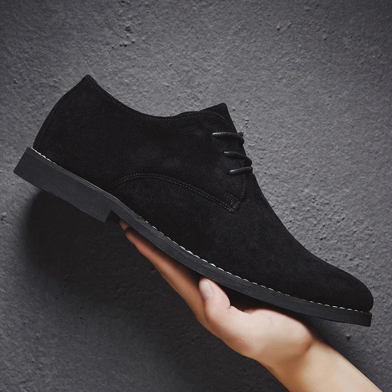 Men's Classic Lace-Up Derby Shoes - Plain Toe - Black, held in hand