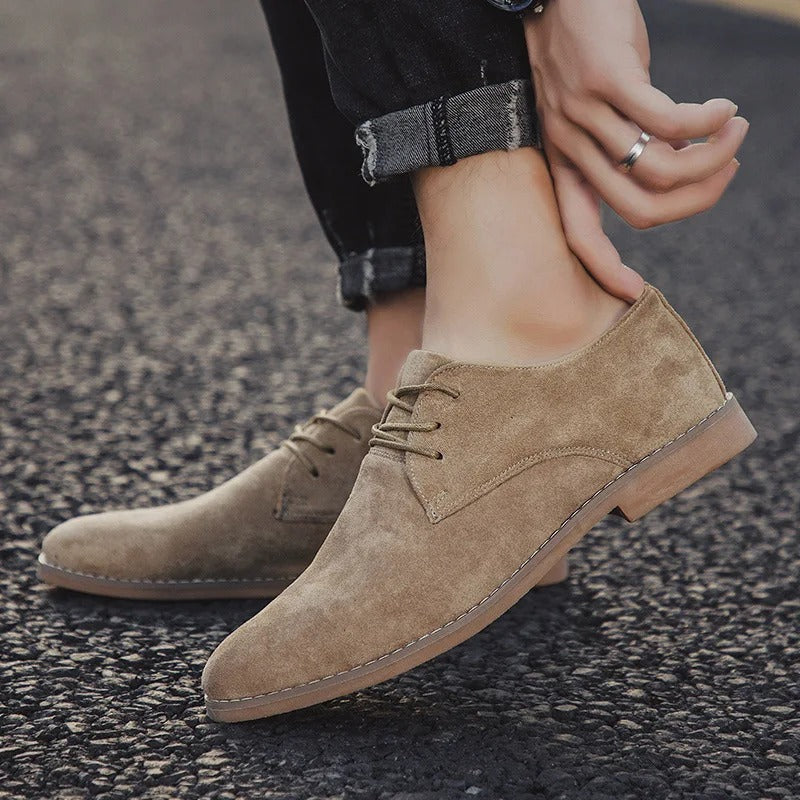 Men's Classic Lace-Up Derby Shoes - Plain Toe - Khaki, worn on foot