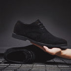 Men's Classic Lace-Up Derby Shoes - Plain Toe - Black pair, held in hand