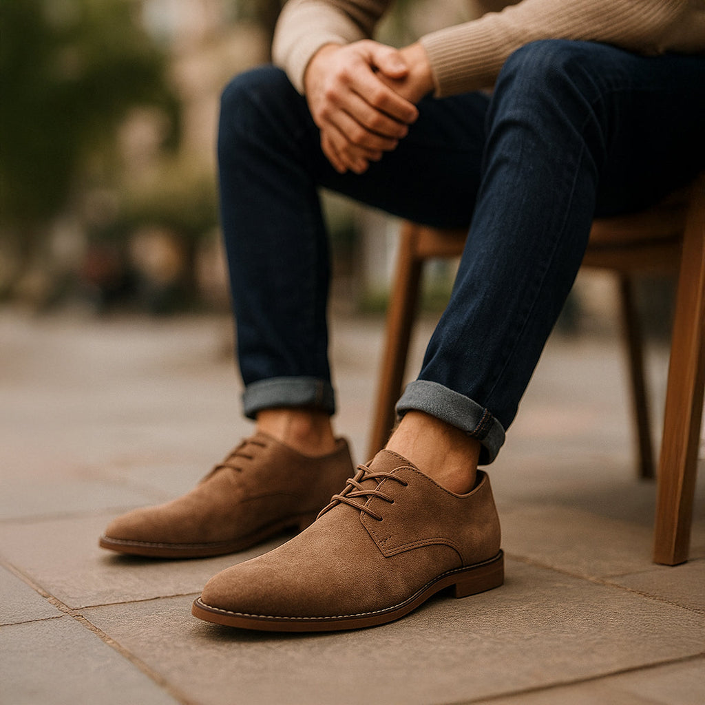 Men's Classic Lace-Up Derby Shoes - Plain Toe - Brown, worn with jeans