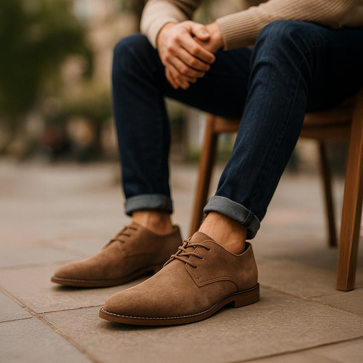 Men's Classic Lace-Up Derby Shoes - Plain Toe - Brown, worn with jeans