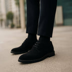 Men's Classic Lace-Up Derby Shoes - Plain Toe - Black, worn with trousers