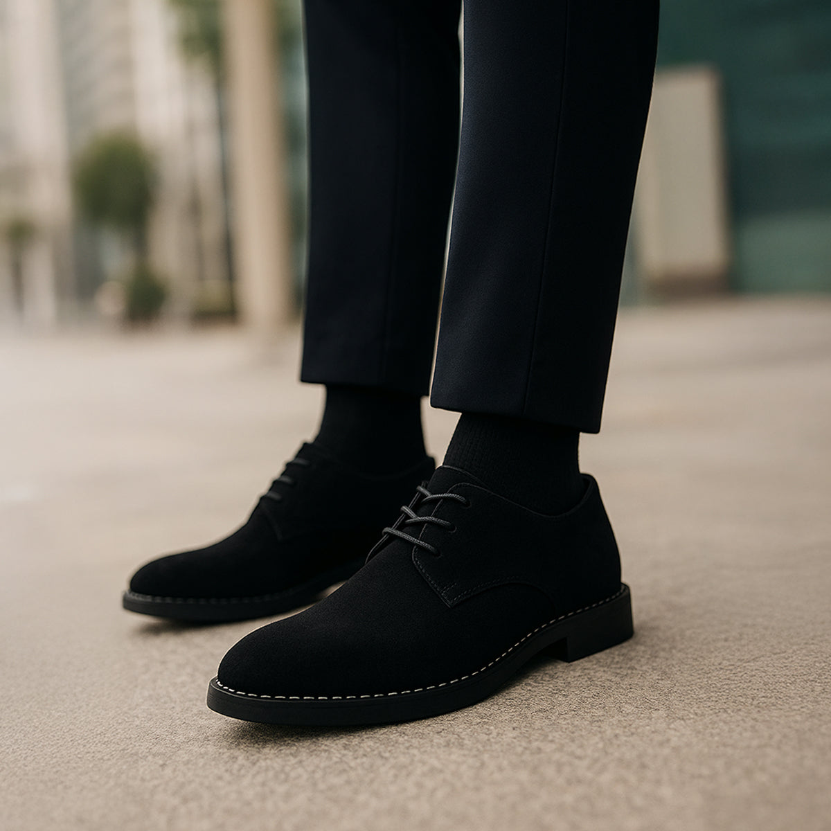 Men's Classic Lace-Up Derby Shoes - Plain Toe - Black, worn with trousers