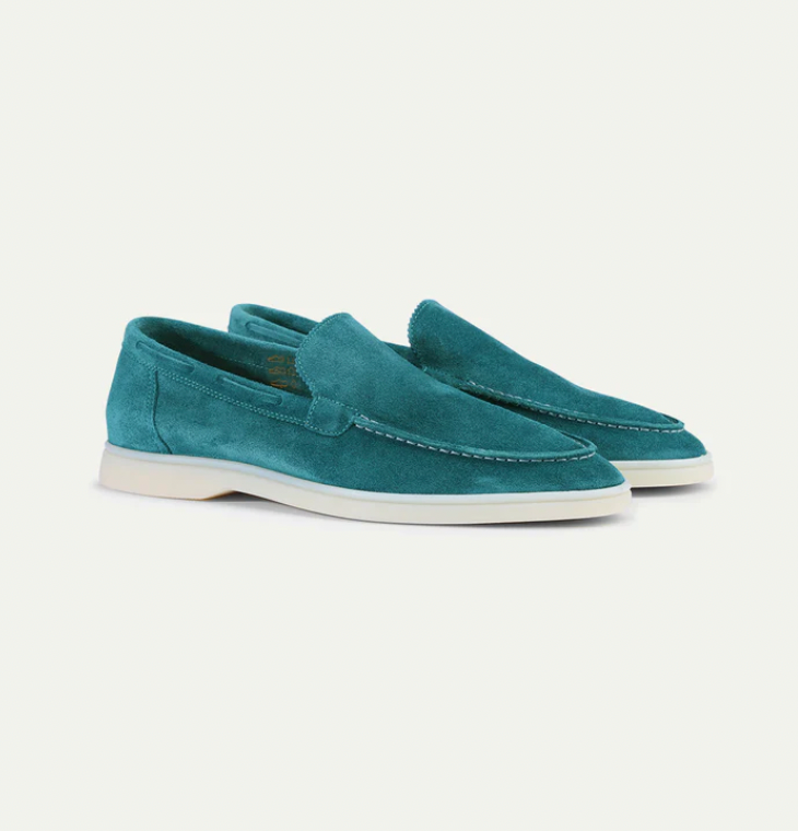 Men's Slip-On Apron Toe Loafers with White Sole - Teal Blue