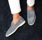 Men's Slip-On Apron Toe Loafers with White Sole - Grey, worn with white trousers