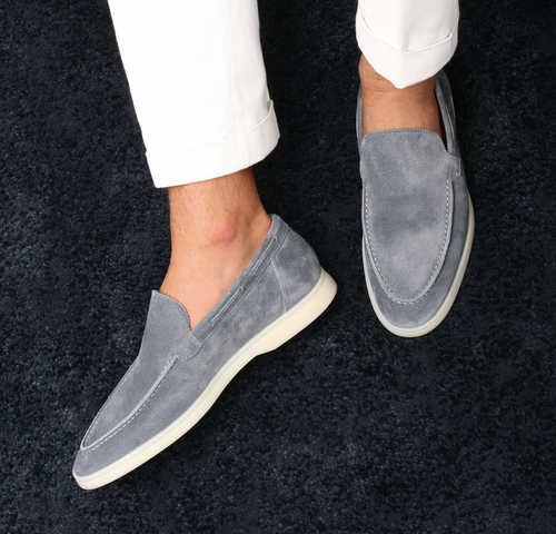 Men's Slip-On Apron Toe Loafers with White Sole - Grey, worn with white trousers