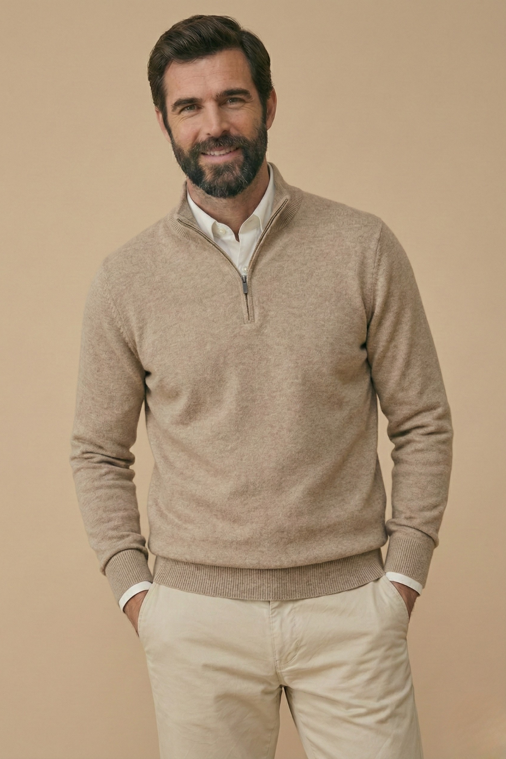 Men's Half Zip Jumper - Beige