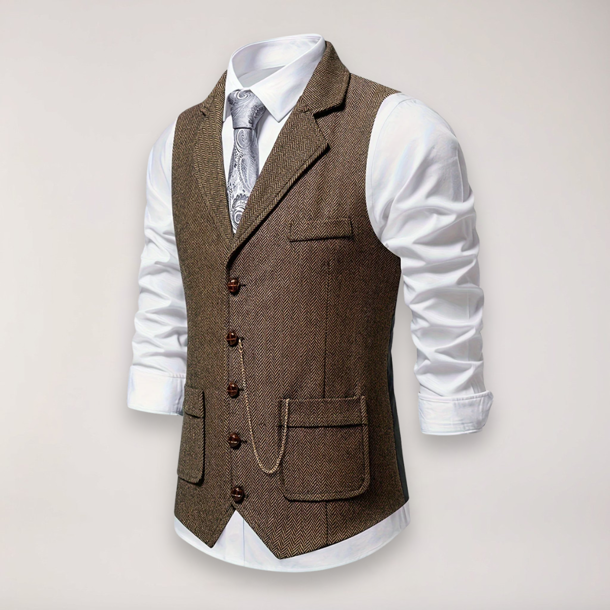 Men's Herringbone Waistcoat - Coffee, Three-Quarter View