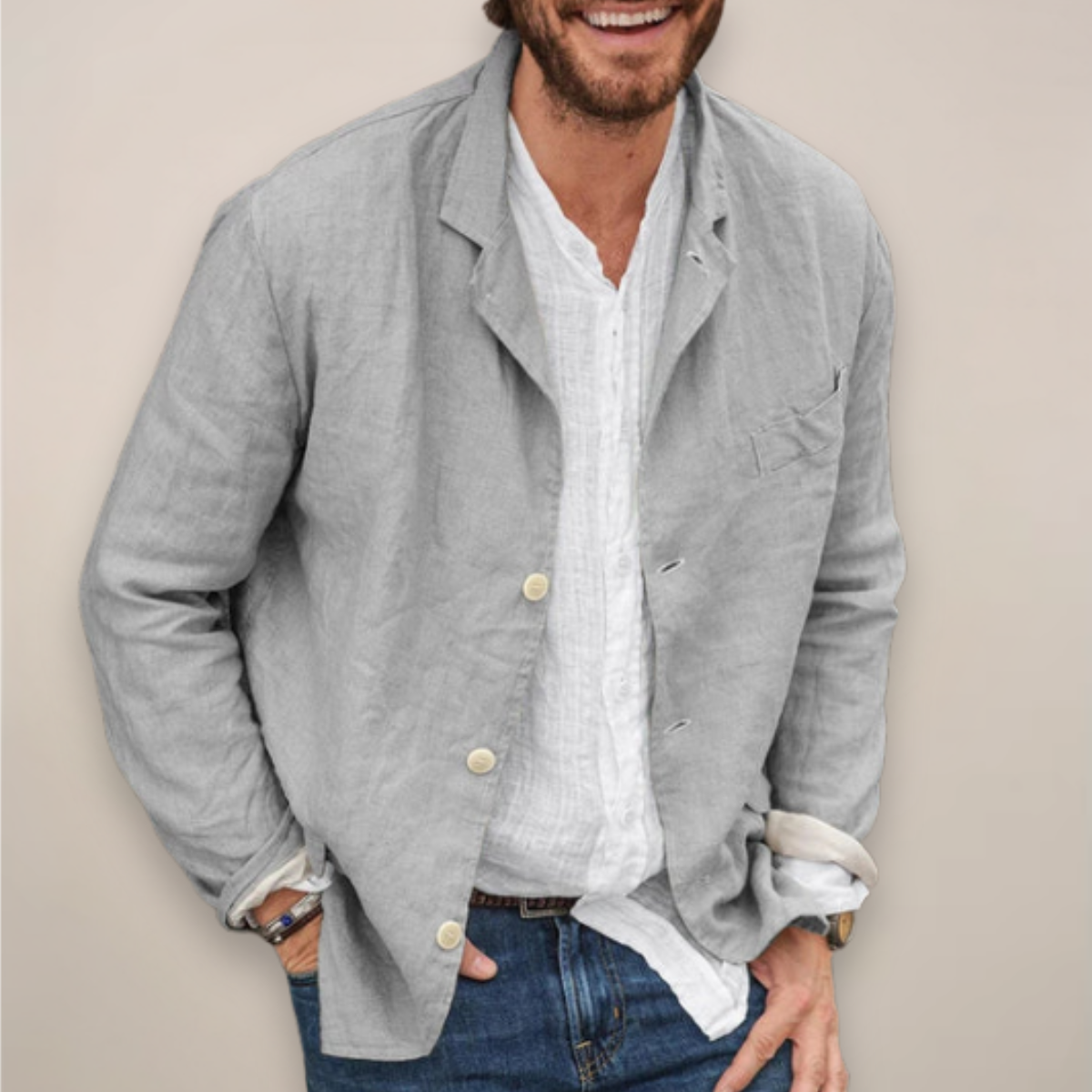 Men's Three-Button Blazer - Notch Lapel - Patch Pocket - Grey, worn open over a shirt