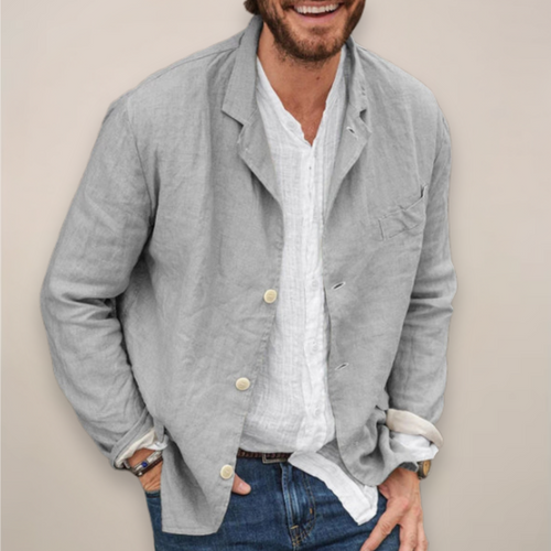 Men's Three-Button Blazer - Notch Lapel - Patch Pocket - Grey, worn open over a shirt