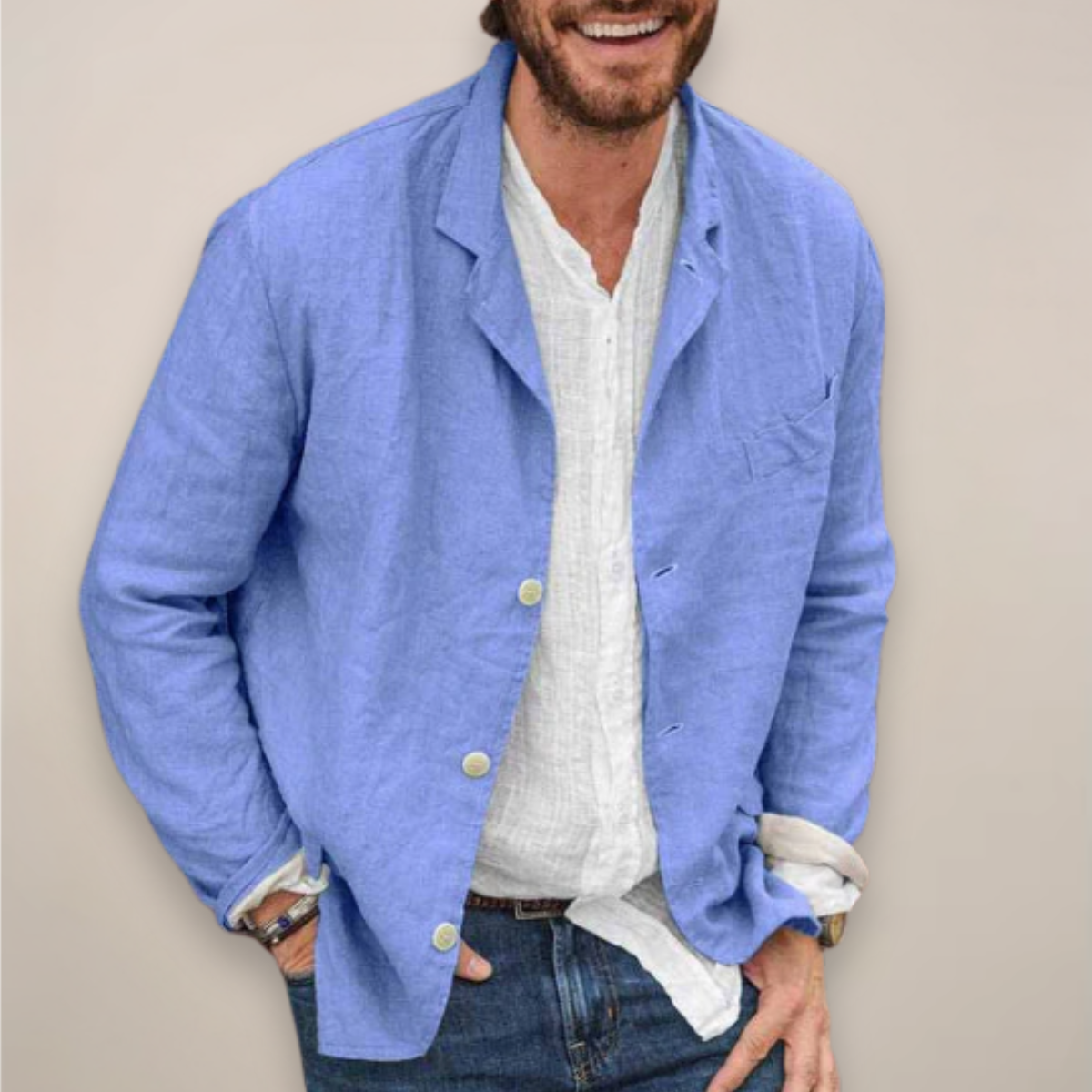 Men's Three-Button Blazer - Notch Lapel - Patch Pocket - Blue, worn open over a shirt