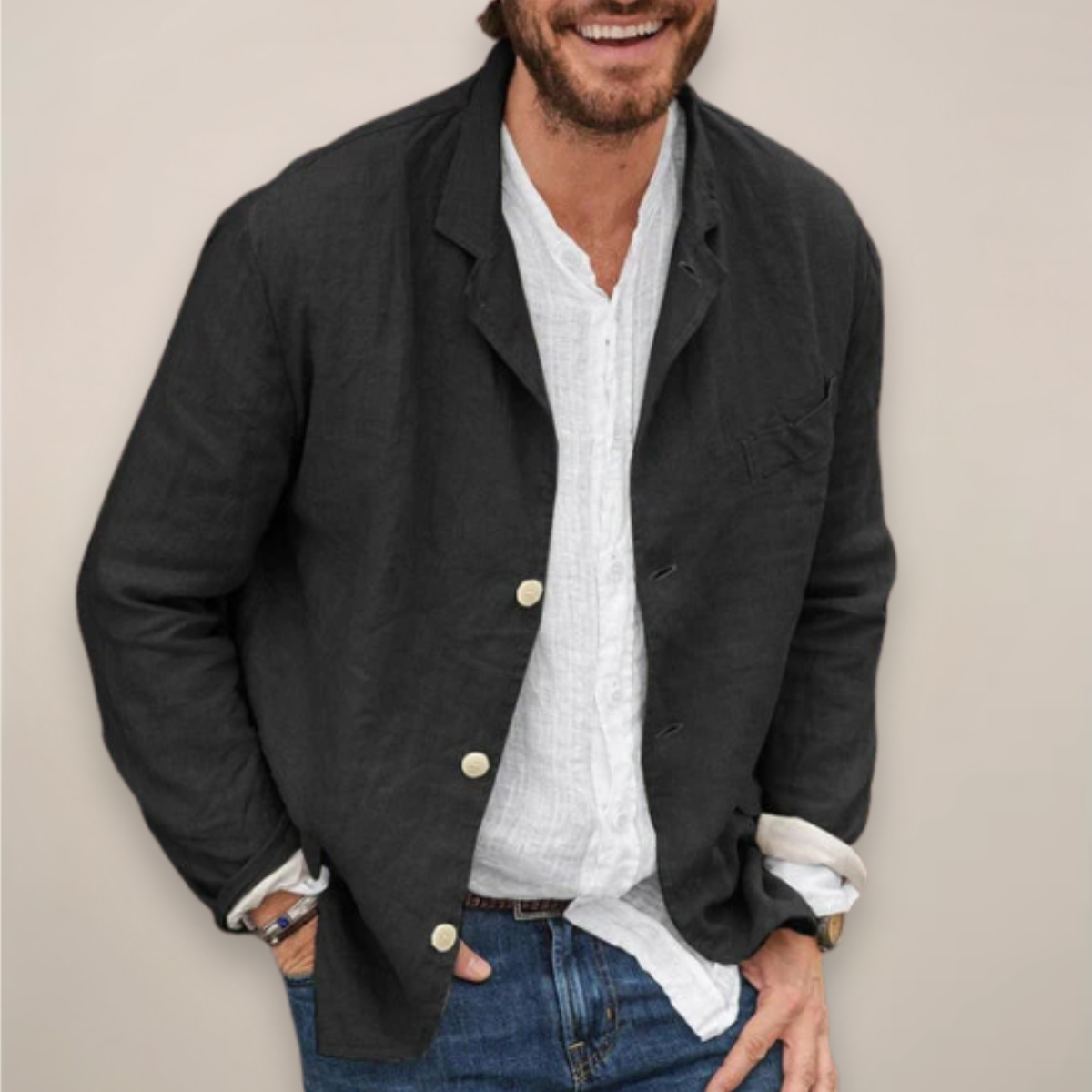 Men's Three-Button Blazer - Notch Lapel - Patch Pocket - Black, worn open over a shirt