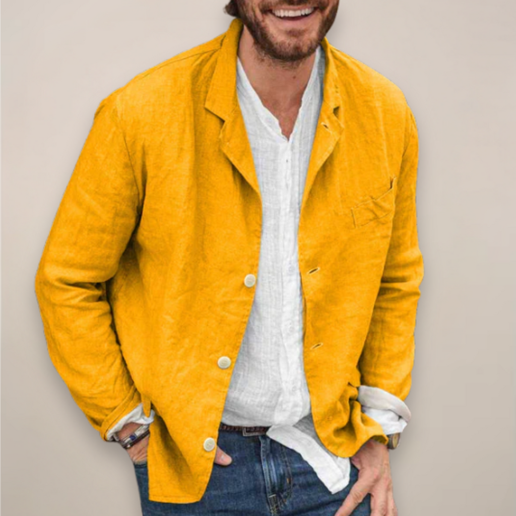 Men's Three-Button Blazer - Notch Lapel - Patch Pocket - Yellow, worn open over a shirt (colour not offered)