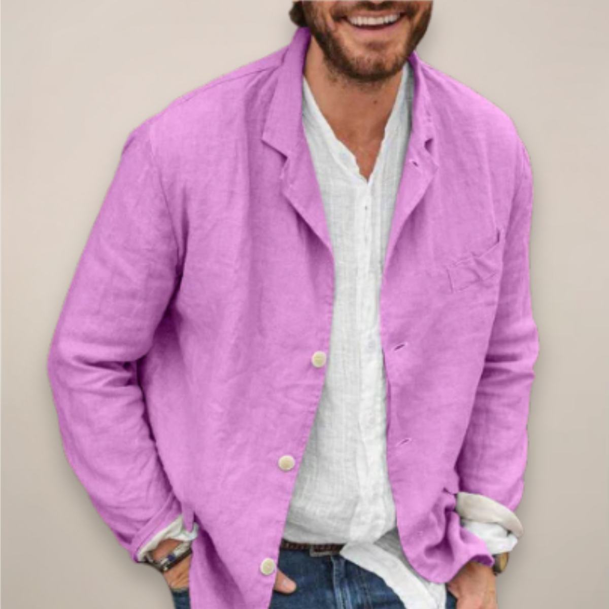 Men's Three-Button Blazer - Notch Lapel - Patch Pocket - Purple, worn open over a shirt